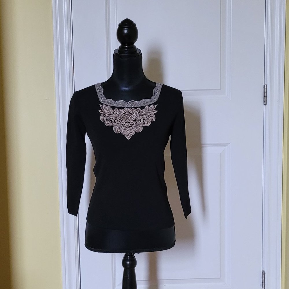 Vintage black sweater Joseph A embroidered beaded collar silver grey lacy 1980s
